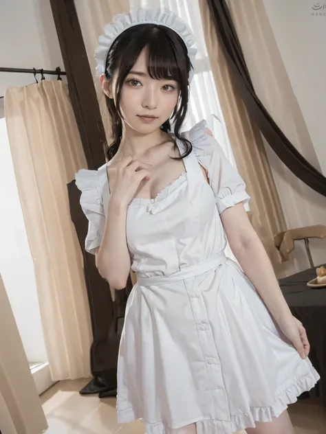 (Highest quality:1.9)、(High resolution)、Live-action image quality、((20-year-old woman、1 person))、Soft lighting by a professional photographer、Natural light、((Very spacious white luxurious room:1.6))、((Bright white room:1.6))、(Standing in front of a very lu...