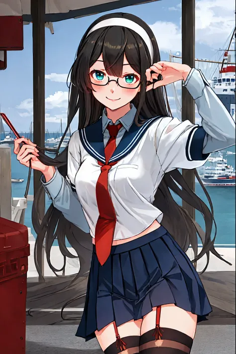 best quality, masterpiece, highres, solo, {ooyodo_kantaicollection:1.15}, black_hair, long_hair, glasses, hairband, semi-rimless_eyewear, under-rim_eyewear, blue_eyes, green_eyes, blush,small_breasts, 1girl, school_uniform, serafuku, pleats_skirt, looking_...