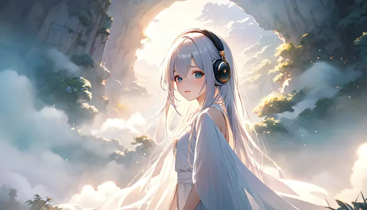 character: one girl
age: 18
wearing: large headphones
appearance: beautiful girl
clothing: revealing
mood: mystical

background:...