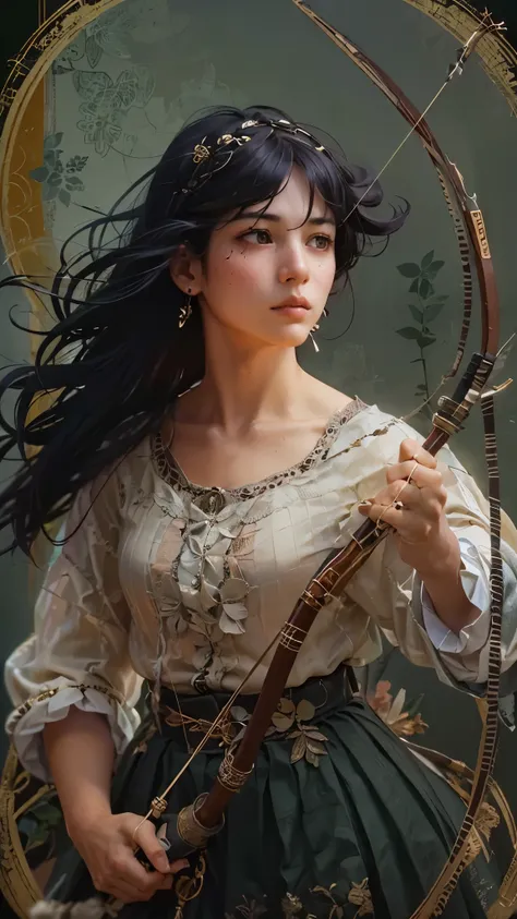 (masterpiece)、(Highest quality)、Classical painting、Horseback archery、1 girl、(whole body)、Portraiture、(Sargent Oil Painting)、Realistic、realism、One person、Beautiful Face、A vivid face、Black Hair、Short Hair、Beautiful Skin、charm、detailed、Dark Background、Backlig...