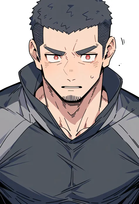 anime characters：Priapus, Muscle Sports Student, Buzz Cut, Manliness, male focus, Light Grey high collar long sleeve tight T-shirt, Very tight, full and perky chest muscles, muscular male, muscular, only, Upper body, alone, Black short hair, Thick eyebrows...