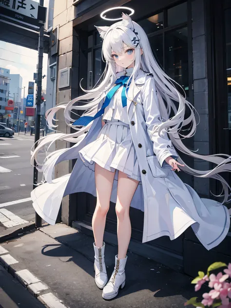 White silk tights，Short skirt，Boots，Lining，coat，White long hair，A cat lady，Loli，small headdress，White, light blue, light pink，Standing，Halo