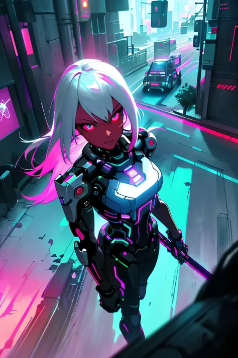 (In the future city at night，A girl with cybernetic implants)Silver-haired, red-skinned female warrior holds the hilt of her sword and looks down from above,(Neon, holographic, Flying Cars),(best quality,Ultra Detailed,High target),(Cyberpunk,novel),(Vibra...