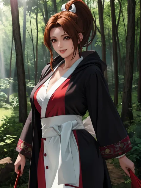 a girl in the forest, ponytail hair, wearing a robe, mai shiranui character, (1:4 quality, realistic), detailed face, beautiful brown eyes, (4k, 8k quality), black robe and coat, holding a bow,sweet smile