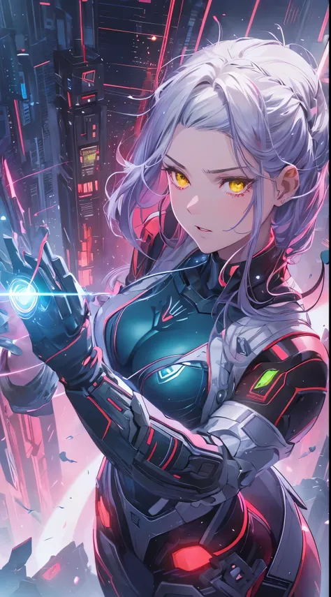 top-quality、Top image quality、​masterpiece、Android Girl((18year old、Red, Black and blue glowing cybersuit、white hair, Blue energy source for the chest,Best Bust、Bust 90、silver  eyes、open chest wide、Valley、Happiness、A slender、Warlike face、Stand at the front...