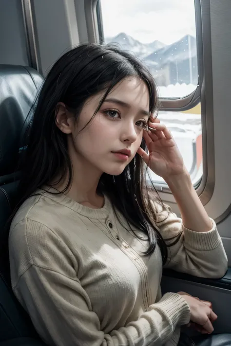  medium black hair woman sitting on the plane looking at the window with her hand resting on her cheek distracted