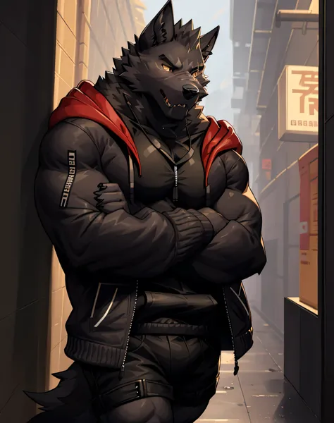 Black Wolf , alone, looking at the audience, shirt, 1 boy, jacket, male angry , open clothes, hood, black shirt,crossed arms, hoodie, muscular, chest muscles, muscular male, only, hooded jacket, sharp nails, normal school corridor as a background, day, sun...