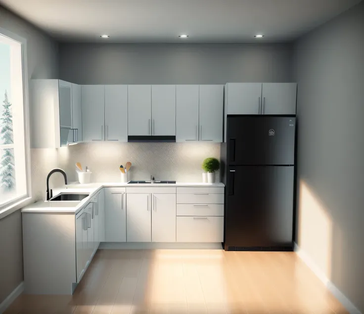 Creating a modern, fully functional kitchen space including 1 refrigerator, 1 induction cooker, 1 sink, white light. Clear, realistic images , granite black color  ,