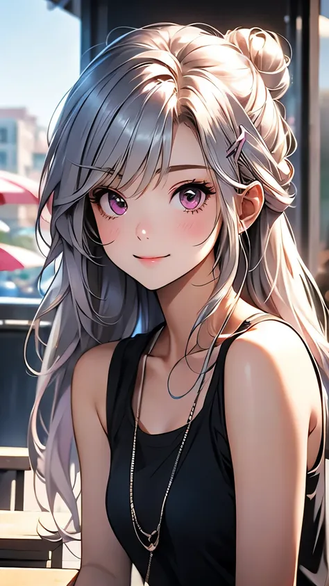 １girl、ultra long silver hair tied in a bun with a hair clip, Pink Eyes、smile、really like、Pink tank top、hot pants、Upper body close-up、Morning Cafe Terrace、Background blur, Written boundary depth