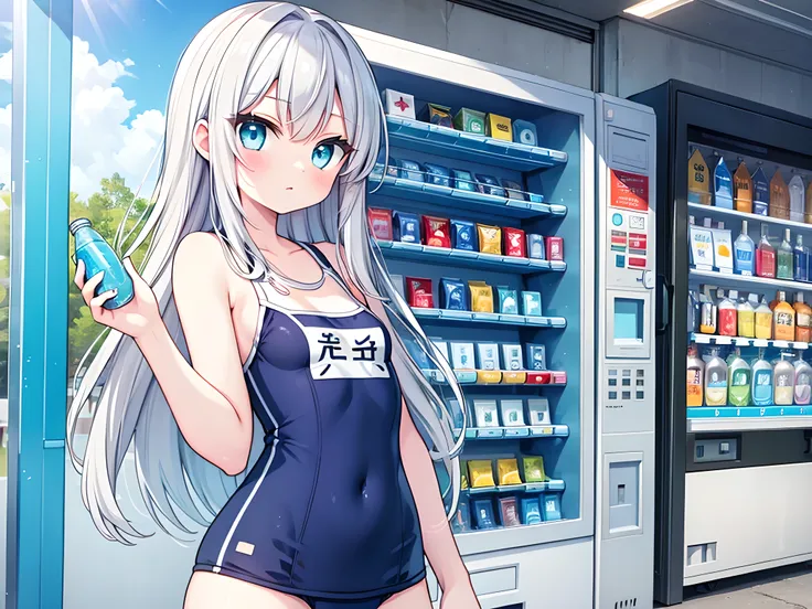 ((masterpiece)),(school swimwear),(small breasts),holding a water bottle
BREAK
(silver hair),beautiful detailed eyes,aqua eyes,15 years old,messy long hair,delicate beautiful face,vending machine,school,strong sunlight