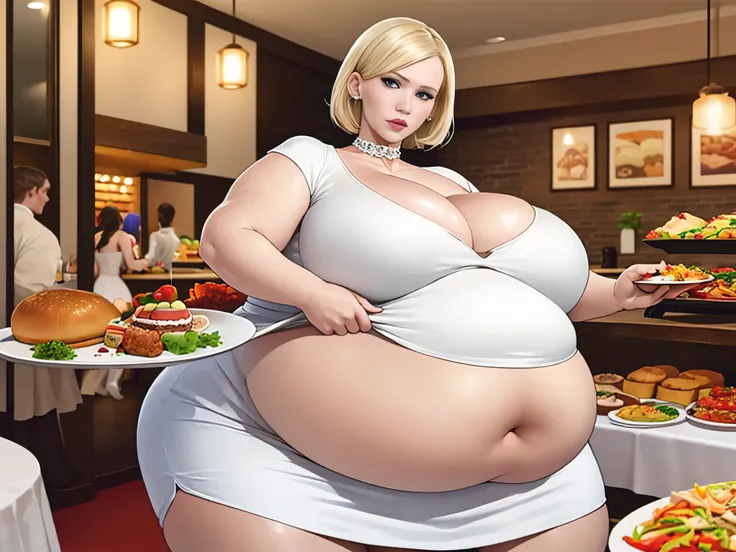 January Jones, masterpiece quality, (masterpiece quality:1.3), detailed, realistic, (realistic:1.3), in a busy restaurant, lots of food in background, food everywhere, buffet table in background, short hair, platinum hair, wearing white dress, (white dress...