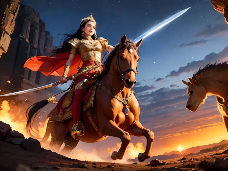 ((best quality)), ((masterpiece)), (detailed), A digital illustration of a queen in traditional Indian dress fighting off enemies in an animated landscape at night with a sword in her hand, with monsters in the background.