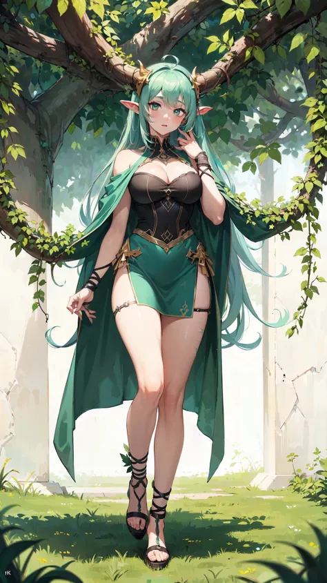 (Best Quality,Unparalleled Masterpiece:1.4),Ultra-Detailed CG 4K,(Ultra-Detailed Clear Absurdly-Vivid Mint Big Eyes:1.2),yellow medieval summer girl, concept, vines on the hand and horns from vines, full length, full body, magic hunter