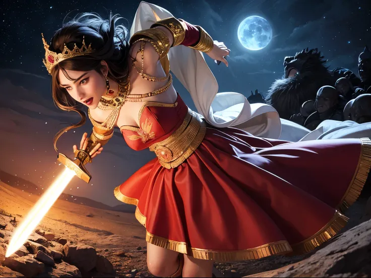 ((best quality)), ((masterpiece)), (detailed), A digital illustration of a queen in traditional Indian dress fighting off enemies in an animated landscape at night with a sword in her hand, with monsters in the background.