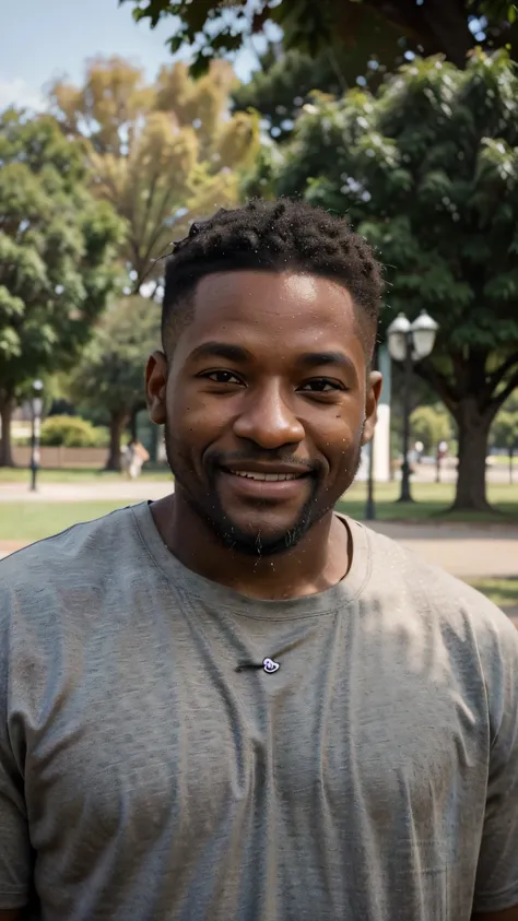 a black man, small beard, wrinkled, weathered, with piercing eyes, ((long distance shot:1.5)), smile, detailed face, high details, posing in the park, park on the background