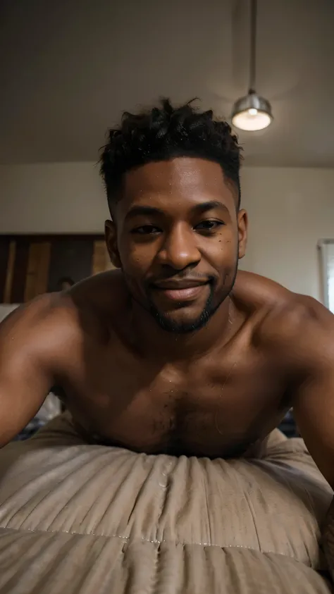 ((long distance shot:1.5)), a black man, small beard, wrinkled, weathered, with piercing eyes, smile, detailed face, high details, sleeping in the bed, bed on the background