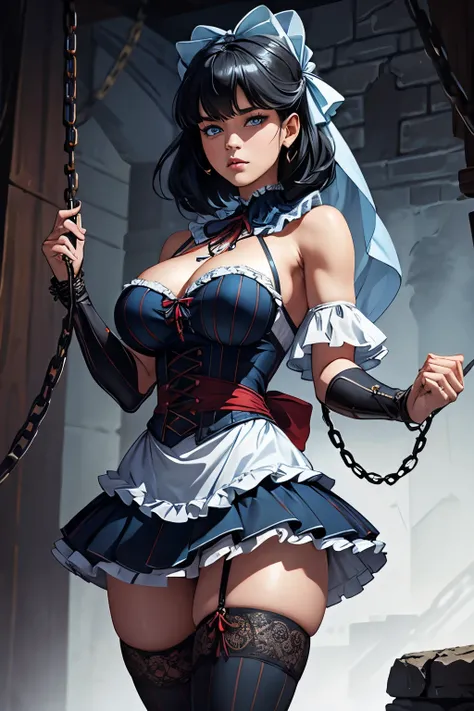 (1 eleven, work of art, best qualityer, ultra detali, Beautiful detailed, (((extreme detailed face))), (((rhombus stripe))), (((big ruffles and ribbon))), mournful look, ( ((short tunic to the thighs))), black hair long, blue colored eyes, red thin lips, R...