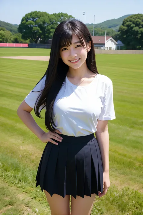 Standing near the field、Japanese high school girls、Long black hair、Smiling、Summer clotheini skirt、Full body portrait