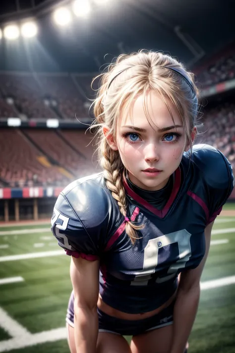 Masterpiece, 4K,8HD,artstation,8K,13 years old teenage girl,Nerd,grasses,orange tied hair,blue eyes,sport,violet and pink american footboll uniforms,number seven,full body ,(8K, CRU photo, maximum quality, work of art: 1.2), work of art, Super detaileds, U...