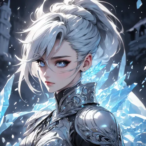 ((high quality:1.2, masterpiece:1.2)), 1girl, beautiful face, white hair, grey eyes, dynamic pose, (death knight, fantasy), (face shot, upper body), fantasy, (noon, ice castle background:1.2), majestic clouds, absurdres, high details, detailed and intricat...