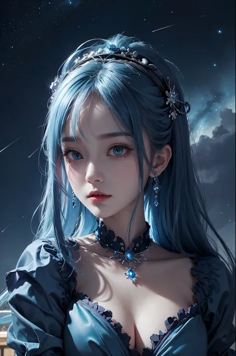 Ultra HD、A beautiful blue-haired character、Has a blue crystal、Cute big eyes、close、Red burning cheeks、Night scene with starry sky background、fortune teller、Wearing a gorgeous dress、Subtle details、A fantastic atmosphere、Anime style