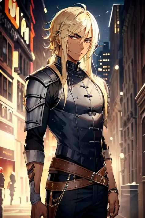 cowboyshot, solo ,1boy, male focus, (dark-skinned male), messy hair, pale blonde hair, AND ((blonde eyebrows)), hair between eyes, red eyes, bags under eyes, (sparse stubble), scar across eye, black roman armor, festival, New york city, ultra hd, hires, ab...