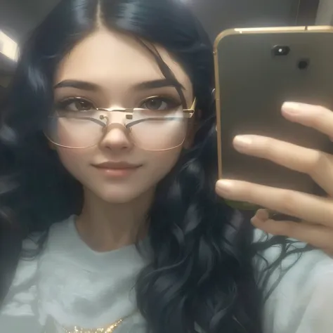 there is a woman taking a selfie in a mirror, wavy long black hair and glasses, with glasses, she wears harry potter glasses, 18 years old, !!wearing modern glasses!!, with glasses on, !!wearing glasses!!, spectacled, iphone selfie, 1 6 years old, 2 2 year...