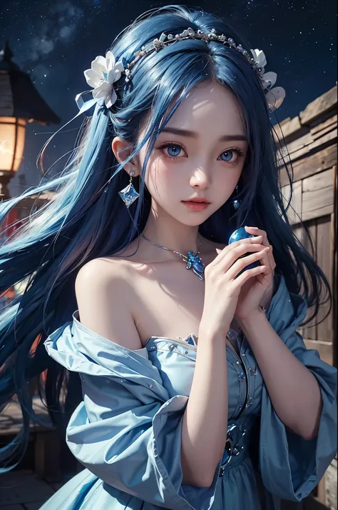 Ultra HD、A beautiful blue-haired character、Holding a blue crystal in both hands、Cute big eyes、close、Red burning cheeks、Night scene with starry sky background、fortune teller、Wearing a gorgeous dress、Subtle details、A fantastic atmosphere、Anime style