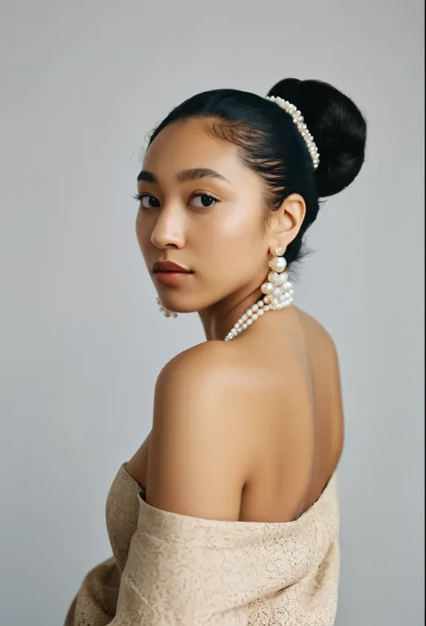 A photo of a woman. Facing forwards, looking back over her shoulder towards the camera. Mixed race woman, Korean Nigerian.  Pose is inspired by Girl with a pearl earring. Top pulled down to show a bare shoulder