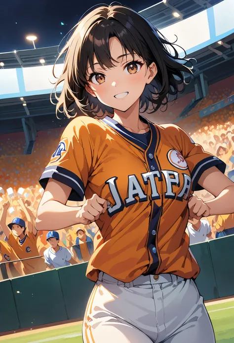 ((1 Female, Pro baseball player)), Black Hair, short hair, Brown eyes, Saitama Astraia, ((Baseball Player:1.2, Jump and catch the ball)), Orange and white baseball uniform, Pants Style, Baseball Cap, Detailed Grab, Sharp Eyes, Accurate ball catch, Stadium ...