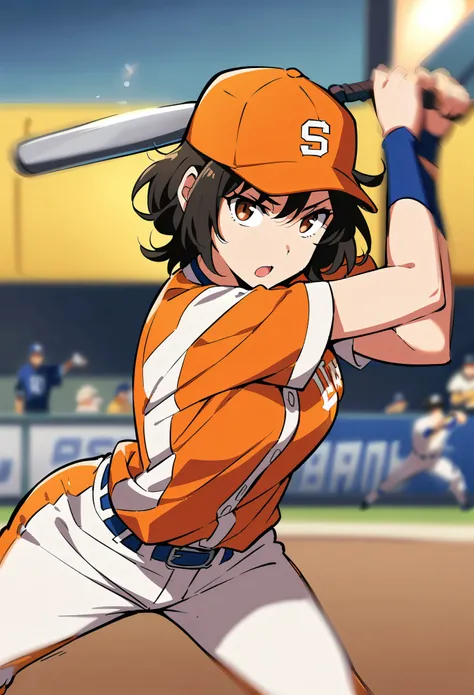 ((1 Female, Pro baseball player)), Black Hair, short hair, Brown eyes, Saitama Astraia, ((Baseball Player:1.2, Bat Swing, Motion Blur Effect)), Orange and white baseball uniform, Pants Style, Baseball Cap, Batter&#39;s swing, ((Detailed bat, Wooden bat)), ...