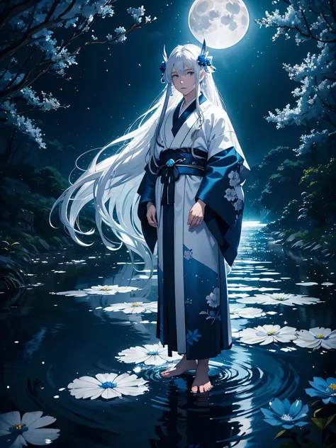 Göttlich. Magisch. Blaues licht. Kimono. Geweih. Lichter. Magisch. King of the moon. Long hair. long white hair. aquatic, boy,  silver hair accessories, White hair, blue flowers. Blue lights. Vollmond. Geweih. Kimono 