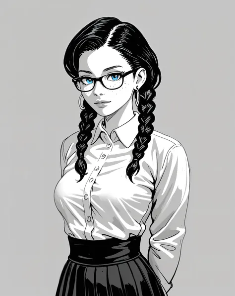 masterpiece,best quality,4K,8K,teenage,monochrome, hatching shading texture, sp1t, (medium),fkey70, 1girl,solo,arm behind back,arms at sides,looking at viewer, standing,dark hair, braids,earrings,blue eyes,glasses, collared shirt,long sleeves,black skirt, ...