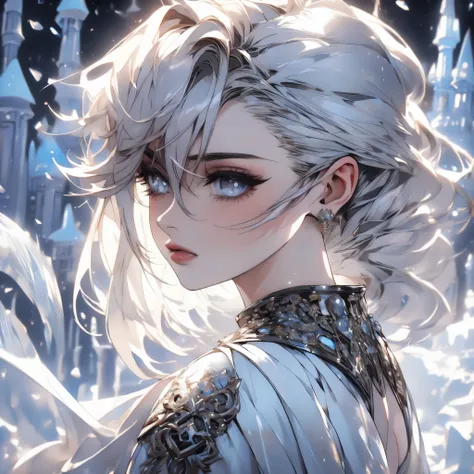 ((high quality:1.2, masterpiece:1.2)), 1girl, beautiful face, white hair, grey eyes, dynamic pose, (death knight, fantasy), (face shot, upper body), fantasy, (noon, ice castle background:1.2), majestic clouds, absurdres, high details, detailed and intricat...