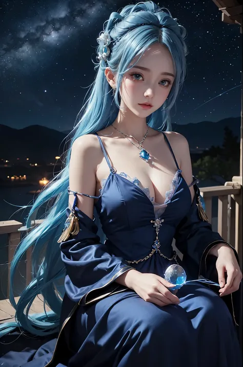 Ultra HD、A beautiful blue-haired character、Holding a blue crystal in both hands、Cute big eyes、close、Red burning cheeks、Night scene with starry sky background、fortune teller、Wearing a gorgeous dress、Subtle details、A fantastic atmosphere、Anime style