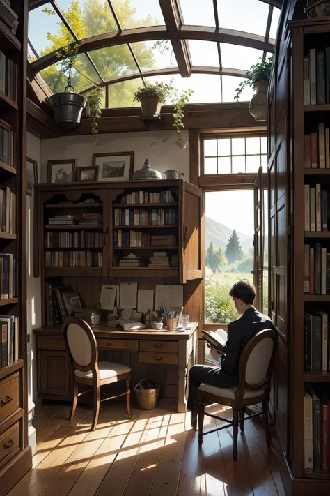 Someone studying, Someone writing, book shelf, rustic style, cozy envirnment, classic style, paintings on the wall, work of art, Carving, classic outfit, formal outfit, window overlooking the garden, good view
