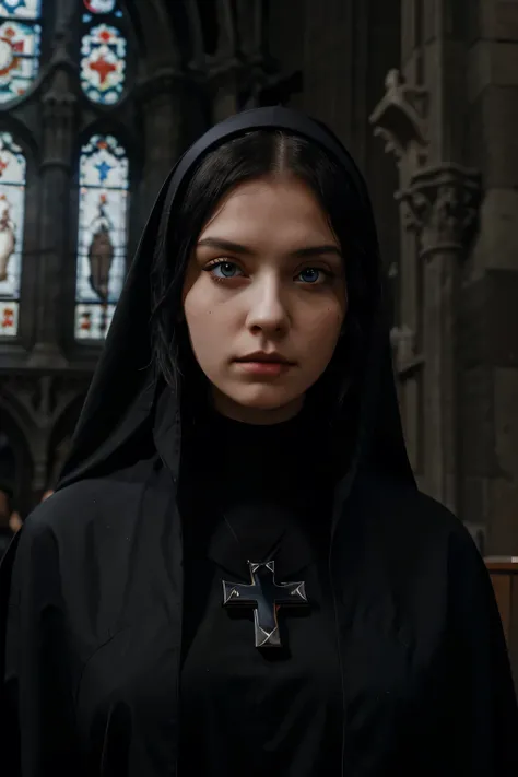 a young nun, black hair, blue eyes, gothic cathedral, she wears a st peters cross, she cryes blood 