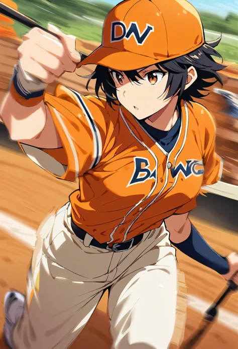 ((1 Female, Pro baseball player)), Black Hair, short hair, Brown eyes, Saitama Astraia, ((Baseball Player:1.2, Bat Swing, Motion Blur Effect)), Orange and white baseball uniform, Pants Style, Baseball Cap, Batter&#39;s swing, Detailed bat, Sharp Eyes, Accu...