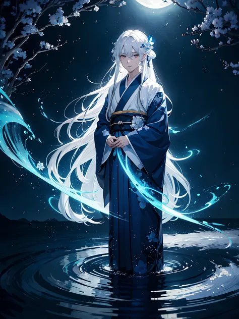 Noxh mehr anime. Mehr anime. Göttlich. Magisch. Blaues licht. Kimono. Geweih. Lichter. Magisch. King of the moon. Long hair. long white hair. aquatic, boy,  silver hair accessories, White hair, blue flowers. Blue lights. Vollmond. Geweih. Kimono 