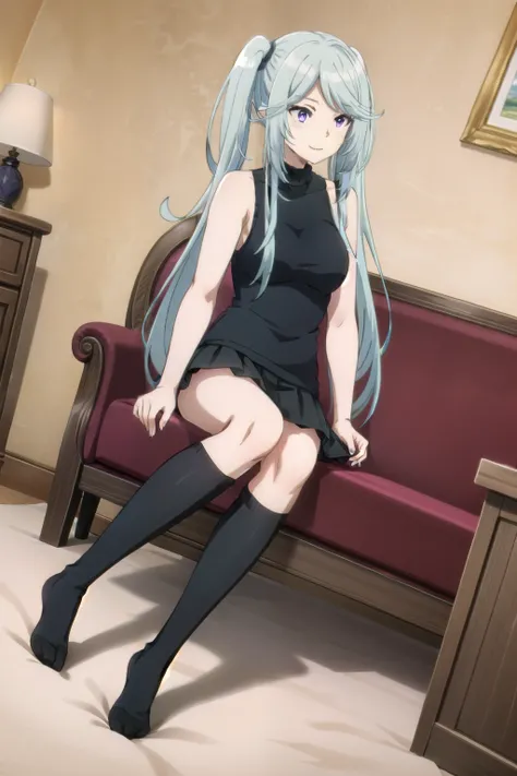 One girl, Purple eyes, Blue Hair, Twin tails, Side Lock, Long Hair, very Long Hair, bangs, expensive body, Long legs, smile, black sleeveless sweater, White layered skirt, knee high sock, medium breastst, bangs, Mouth closed, full body,  full body, (sit so...