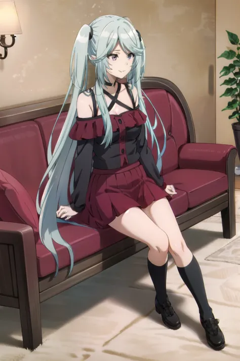 One girl, Purple eyes, Blue Hair, Twin tails, Side Lock, Long Hair, very Long Hair, bangs, expensive body, Long legs, smile, White Off-shoulder top, (red  tiered skirt: 1.3), black kneehighs, medium breastst, bangs, Mouth closed, full body,  full body, (si...