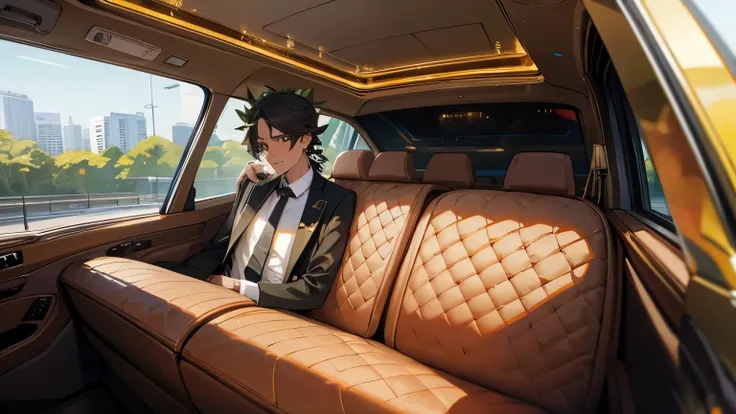 politician in a limo, he is wearing gold laurel wreath 