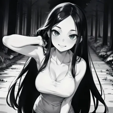 (masterpiece), 1girl, solo, best quality, expressive eyes, perfect face, retro artstyle, (pale skin), very long hair, (forehead), messy hair, black hair, large breasts, slim body, young woman BREAK white tank top BREAK black shorts BREAK grin, light smile,...