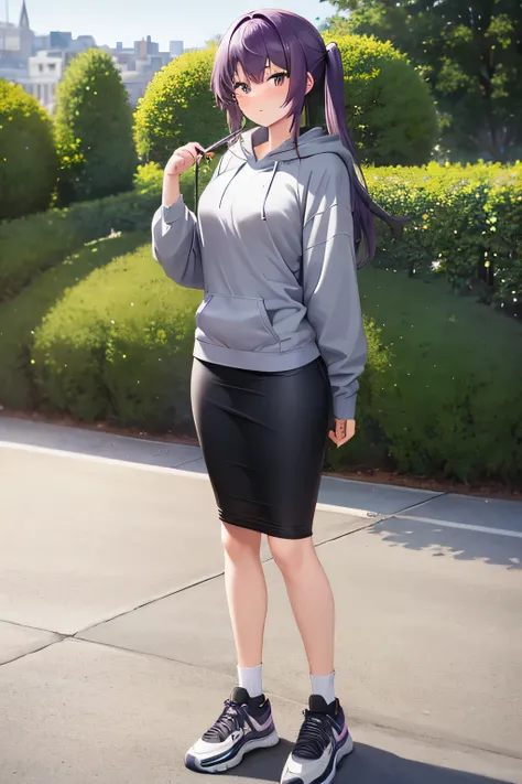 1girl, beautiful woman, wearing gray hoodie, black midi pencil skirt, long tight skirt, sneakers, socks, outdoors, garden, summe...