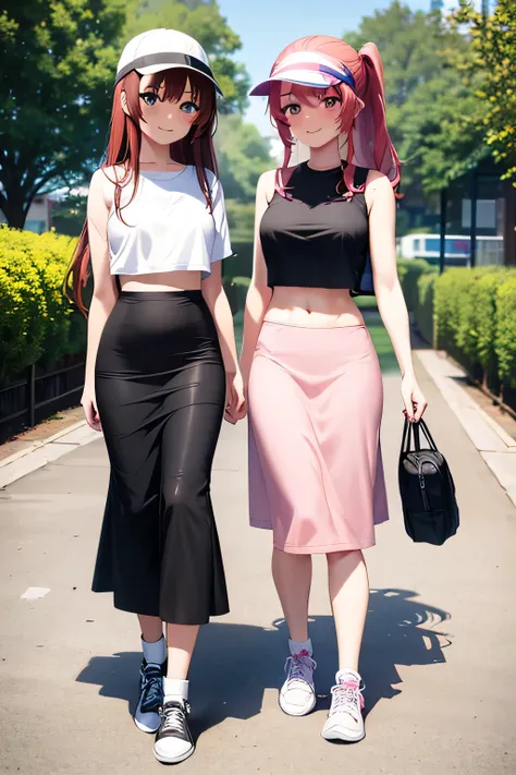 best quality, 2girl, two women walking together, wearing t-shirt and crop top, black midi pencil skirt, long skirt, sneakers, so...