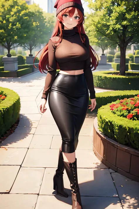 1girl, woman wearing brown long sleeved sweater shirt, crop top, tight midi pencil skirt black, long length pencil skirt, long red hair, looking at viewer, full body, walking, smile, blush, leather boots, garden, fall, leaves, beanie, scarf, large bust