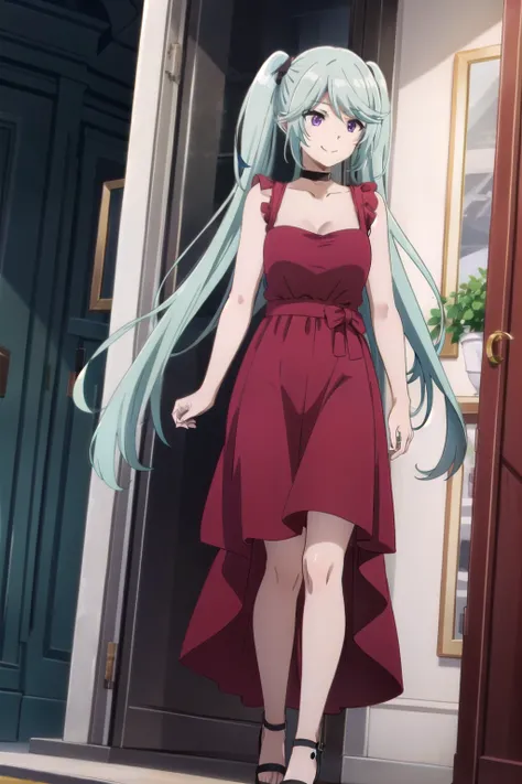 expensive body, Long legs, One girl, Twin tails, Purple eyes, Long Hair, smile, choker, dress, red dress, bangs, Blue Hair, indoor, very Long Hair, clavicle, Mouth closed, chest, red choker, Anime Coloring, Side Lock, Simple Background, (sundress), sandals...