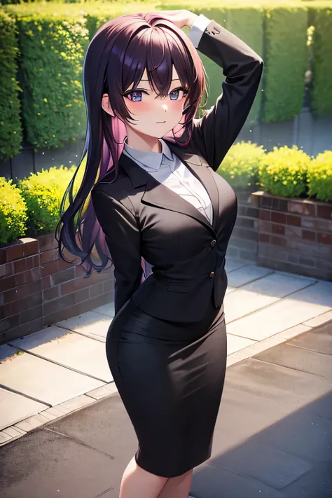 best quality, 1girl, beautiful business woman looking at viewer blushing, black business suit, black midi pencil skirt, black blazer, heels, full body, medium purple hair, wavy hair, garden