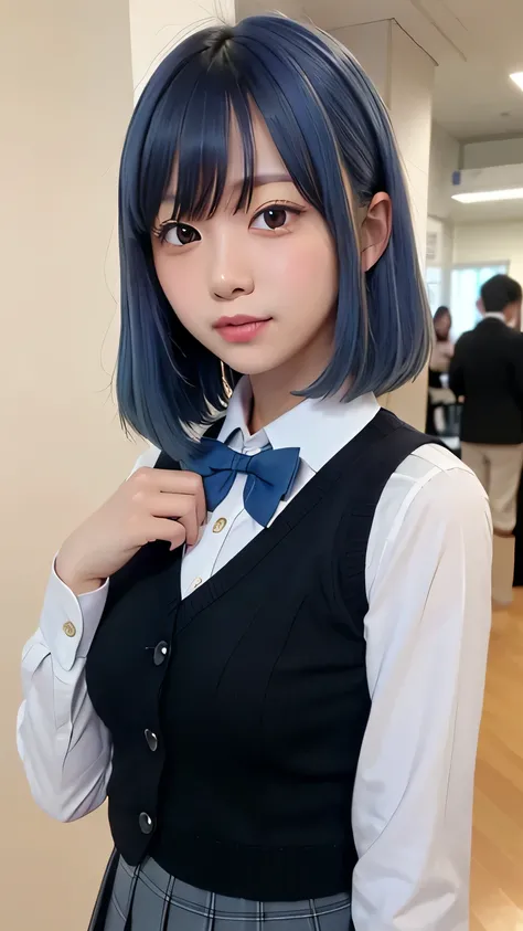 masterpiece,Highest quality, Ultra_resolution, Very detailed, One girl,Black buttonless vest,Hamakane, Blue Hair, Medium Hair, Gradient Hair, Blue bow tie,Collared shirt, Long sleeve, Pleated skirt, Grey Skirt
