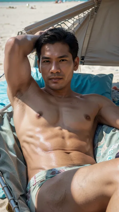 photorealistic,man,Thai person,45 years old,handsome,cool, laying on the hammock on the beach, sleeping, Looks delicious,Very delicious,Have lunch,realistically,sharp.